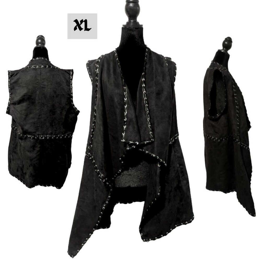 {Carmen Marc Valvo} Black Faux Suede Open Vest  (NWT!) XL | Gothic Designer